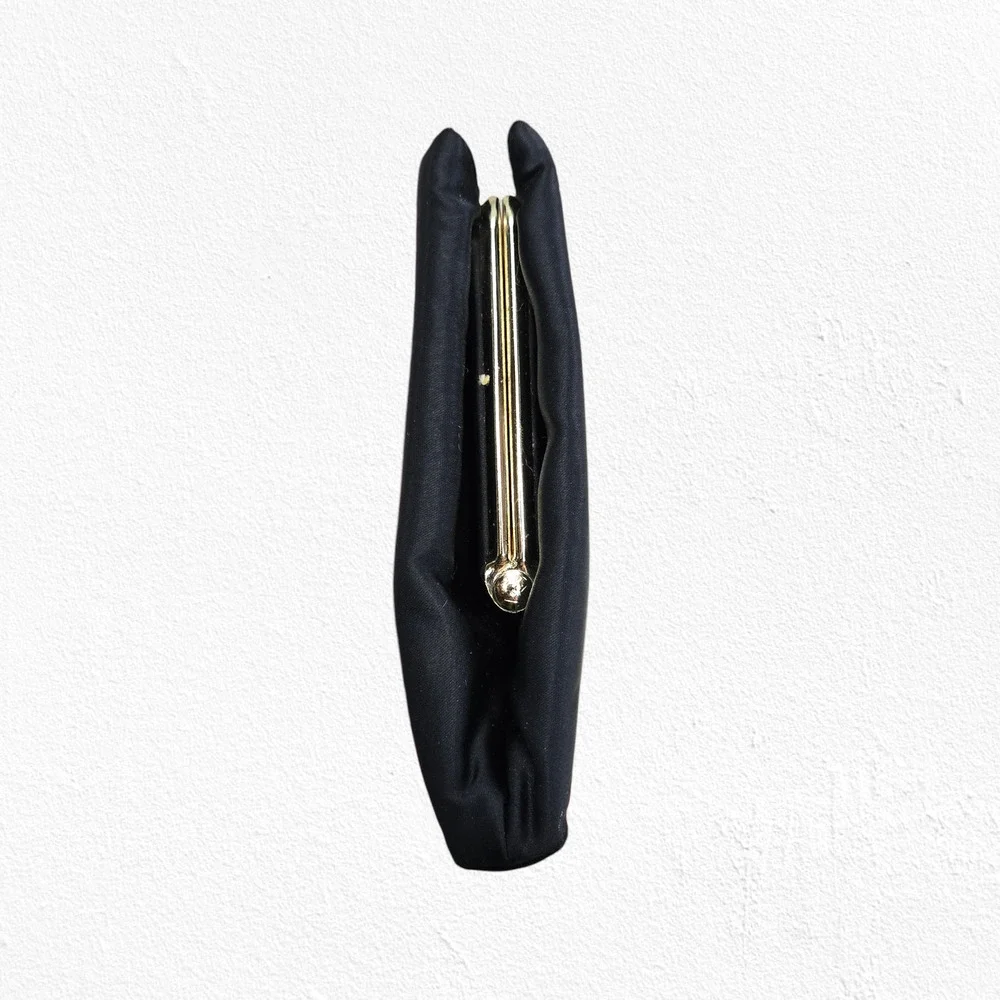Vintage Matte Black Satin Kiss Lock Clutch Rhinestone Bar USA Evening Formal Bag